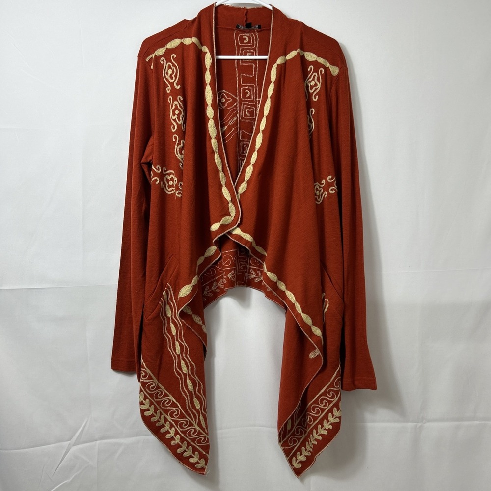 Young Threads Womens Orange Long Sleeve Embroidered Open Front Sweater Sz L Boho